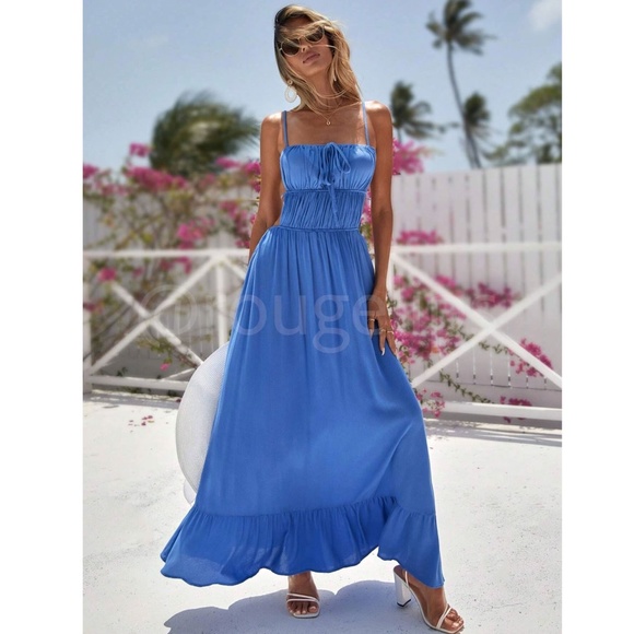 Blue Backless Maxi Dress Flared Tie Straps Ruffle Hem Gathered, Ruched Front - Picture 7 of 12